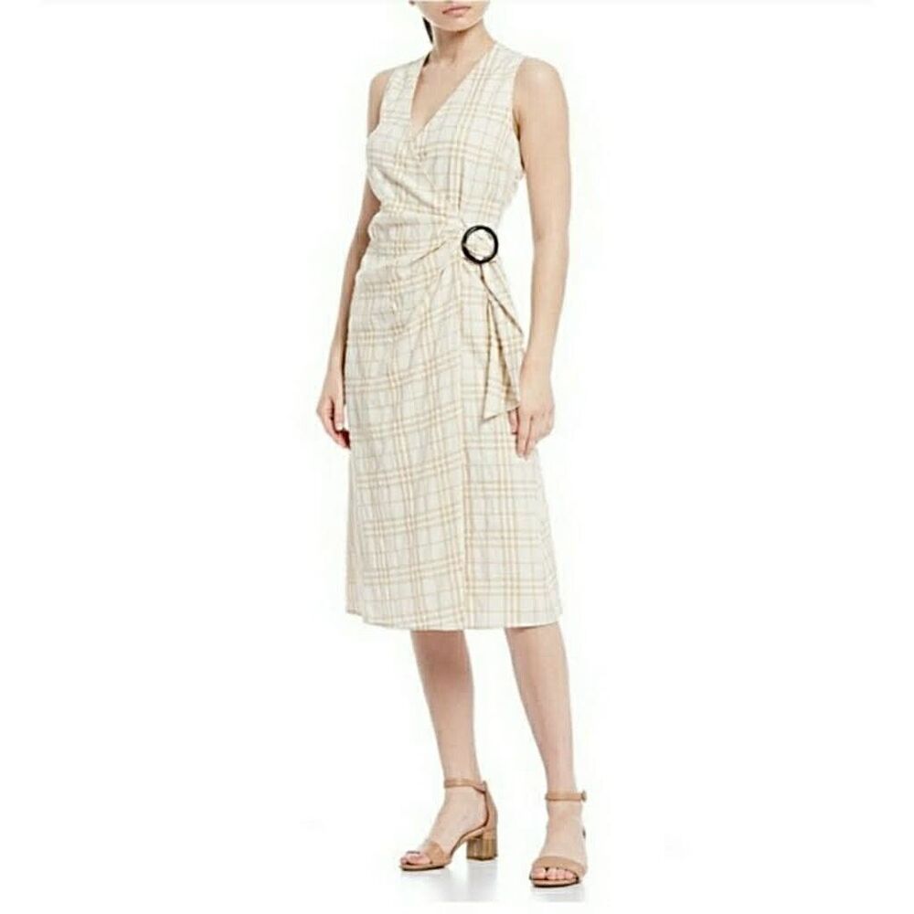 NWT Alex Marie Maria O-Ring Belted Faux-Wrap Dress Size 8 Khaki Ivory